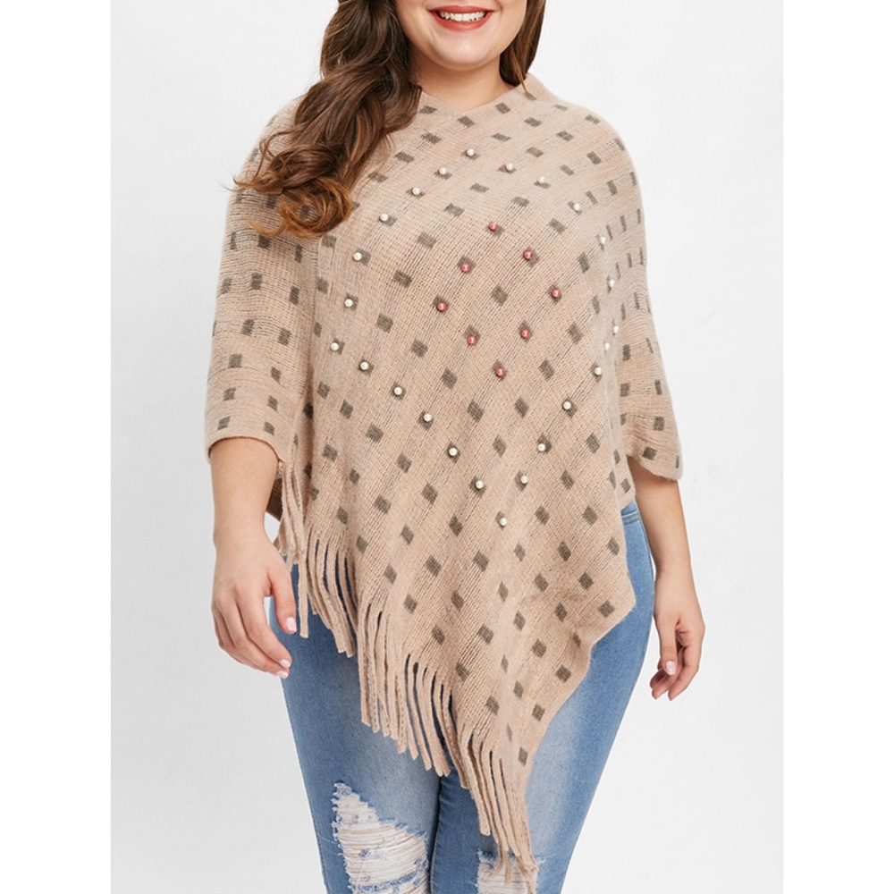 ☀ Tan Plus Size Beaded Tassel Hem Poncho Top ☀
